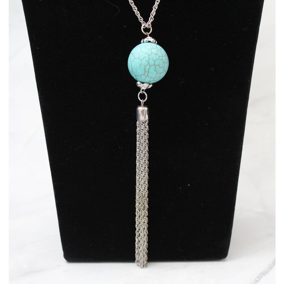 Vintage Silver and Turquoise Necklace with 5 Inch Drop  N74 - Picture 2 of 3